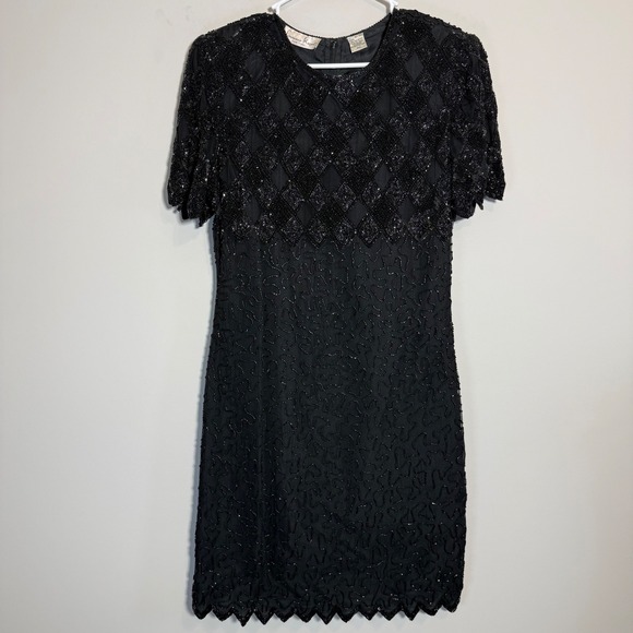 Laurence Kazar Dresses & Skirts - Vtg Laurence Kazar NY Black Silk Beaded Sequin Diamond Cocktail Dress Women's PM